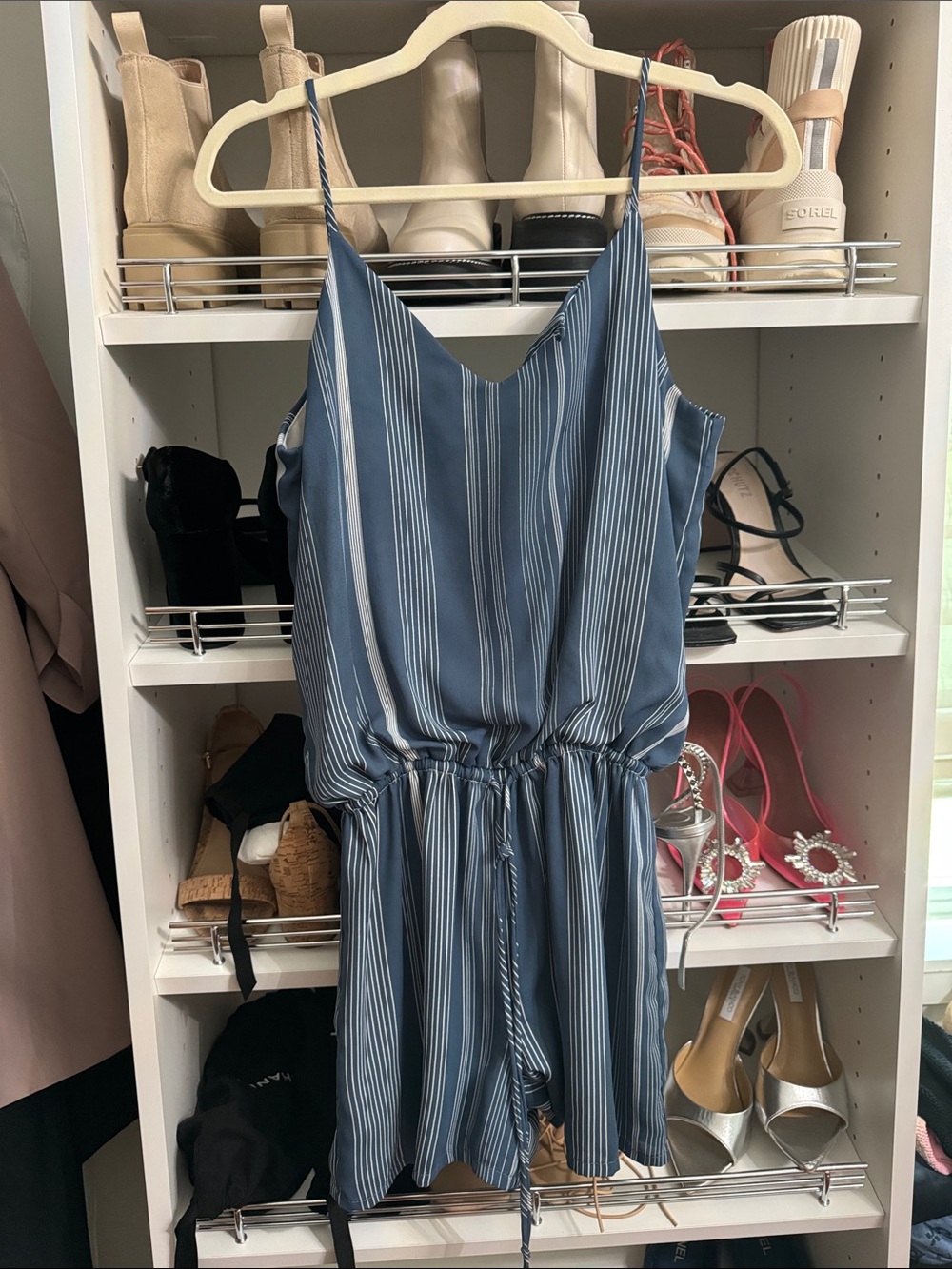 Blue Striped Sleeveless Romper with Drawstring Waist